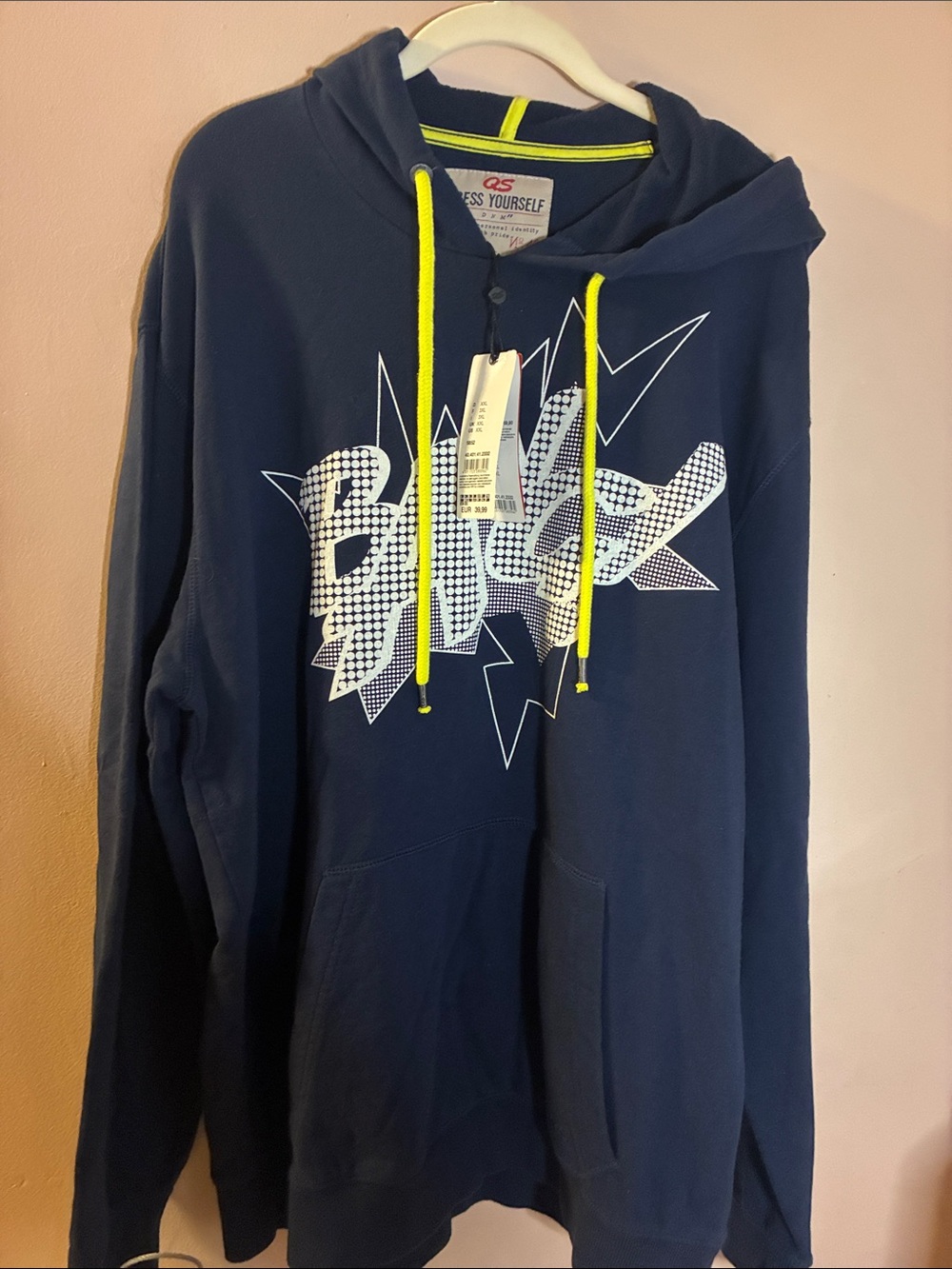 Men's Navy Zip-Up Hoodie with Neon Yellow Drawcords NWT